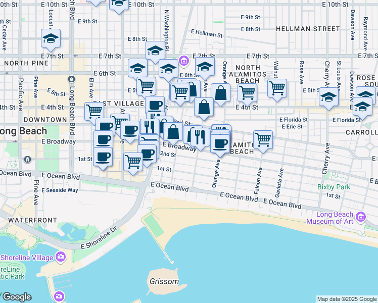 map of restaurants, bars, coffee shops, grocery stores, and more near 1066 2nd Street in Long Beach