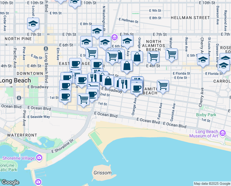 map of restaurants, bars, coffee shops, grocery stores, and more near 1066 2nd Street in Long Beach