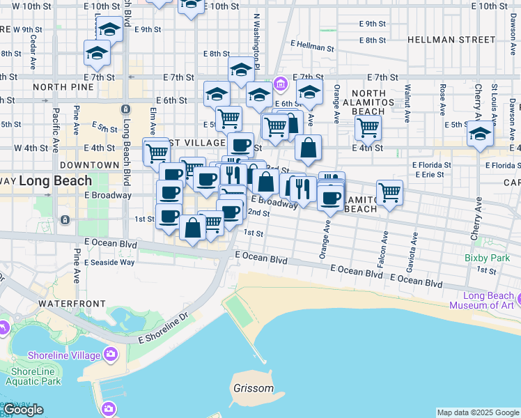 map of restaurants, bars, coffee shops, grocery stores, and more near in Long Beach