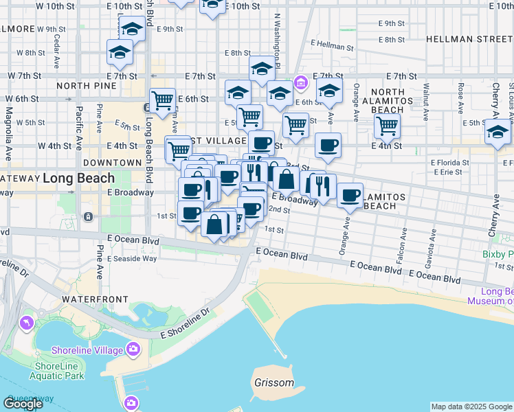 map of restaurants, bars, coffee shops, grocery stores, and more near 150 Alamitos Avenue in Long Beach