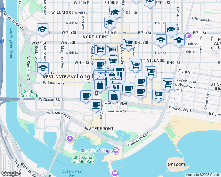 map of restaurants, bars, coffee shops, grocery stores, and more near 215 East 1st Street in Long Beach