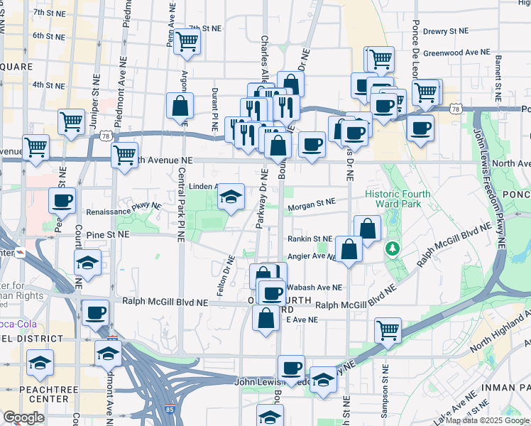 map of restaurants, bars, coffee shops, grocery stores, and more near 500 Parkway Drive Northeast in Atlanta