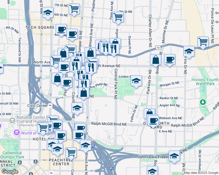 map of restaurants, bars, coffee shops, grocery stores, and more near 240 Renaissance Parkway Northeast in Atlanta