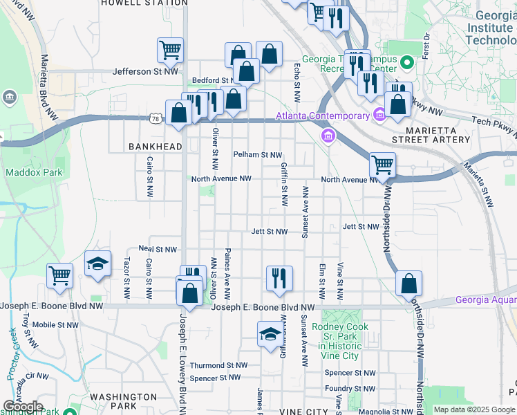 map of restaurants, bars, coffee shops, grocery stores, and more near 510 James P Brawley Drive Northwest in Atlanta