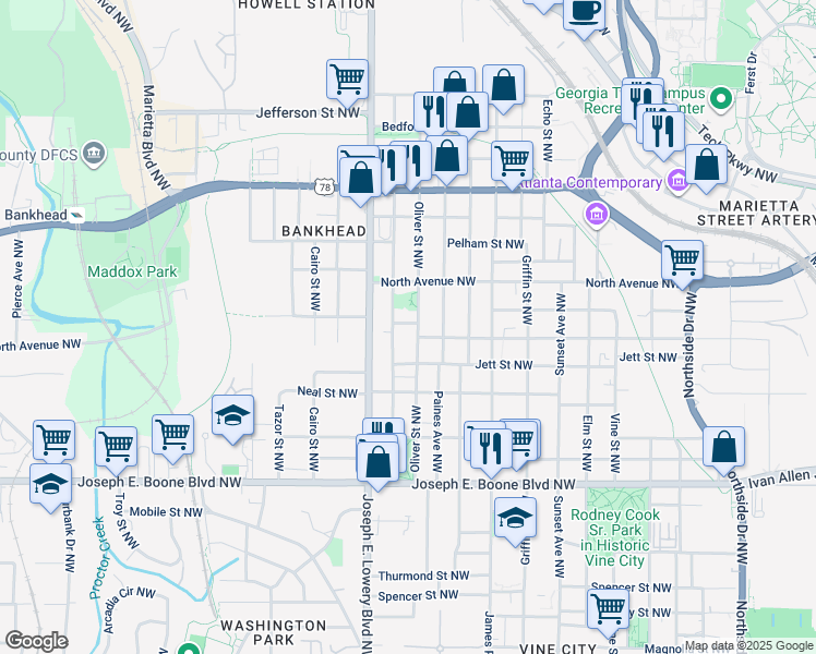 map of restaurants, bars, coffee shops, grocery stores, and more near 486 Oliver Street Northwest in Atlanta
