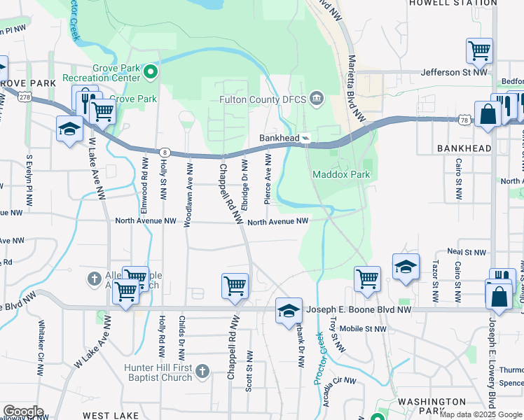 map of restaurants, bars, coffee shops, grocery stores, and more near 1347 North Avenue Northwest in Atlanta
