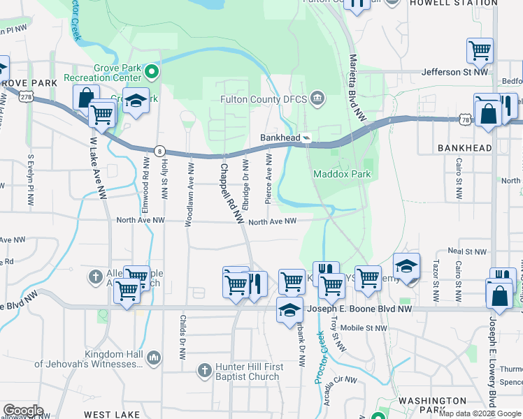 map of restaurants, bars, coffee shops, grocery stores, and more near 1347 North Avenue Northwest in Atlanta