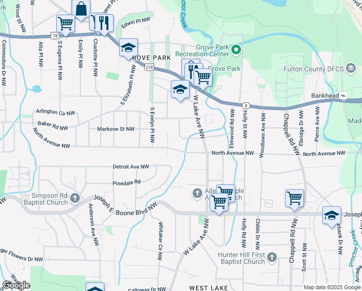 map of restaurants, bars, coffee shops, grocery stores, and more near 1695 North Avenue Northwest in Atlanta