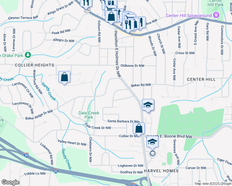 map of restaurants, bars, coffee shops, grocery stores, and more near 2600 Baker Road Northwest in Atlanta