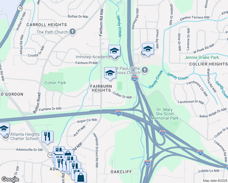 map of restaurants, bars, coffee shops, grocery stores, and more near 3362 Collier Drive Northwest in Atlanta