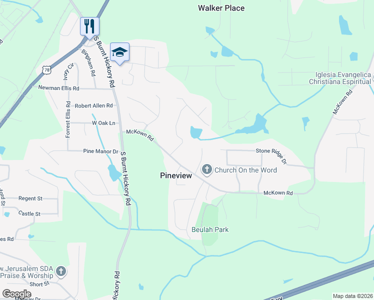 map of restaurants, bars, coffee shops, grocery stores, and more near 1340 Windsor Glen Drive in Douglasville