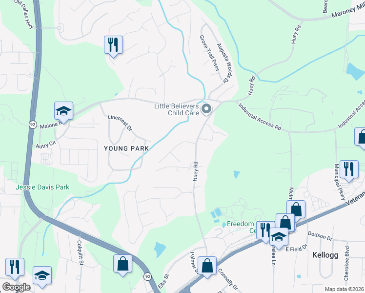 map of restaurants, bars, coffee shops, grocery stores, and more near 4885 Wynford Lane in Douglasville
