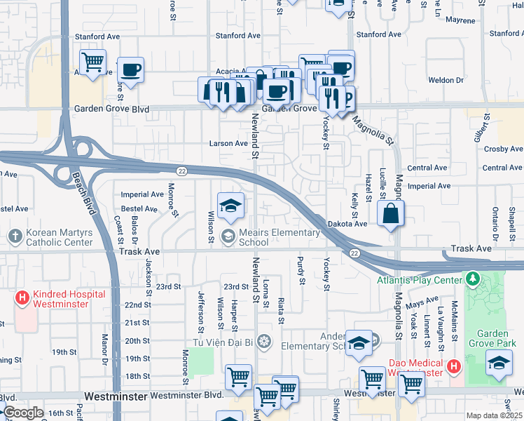 map of restaurants, bars, coffee shops, grocery stores, and more near 8515 Edgebrook Drive in Garden Grove