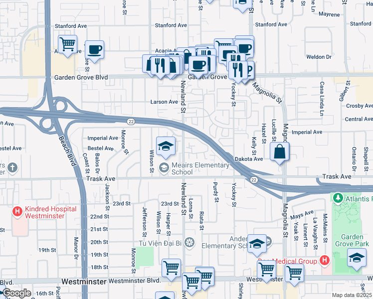 map of restaurants, bars, coffee shops, grocery stores, and more near 13392 Newland Street in Garden Grove