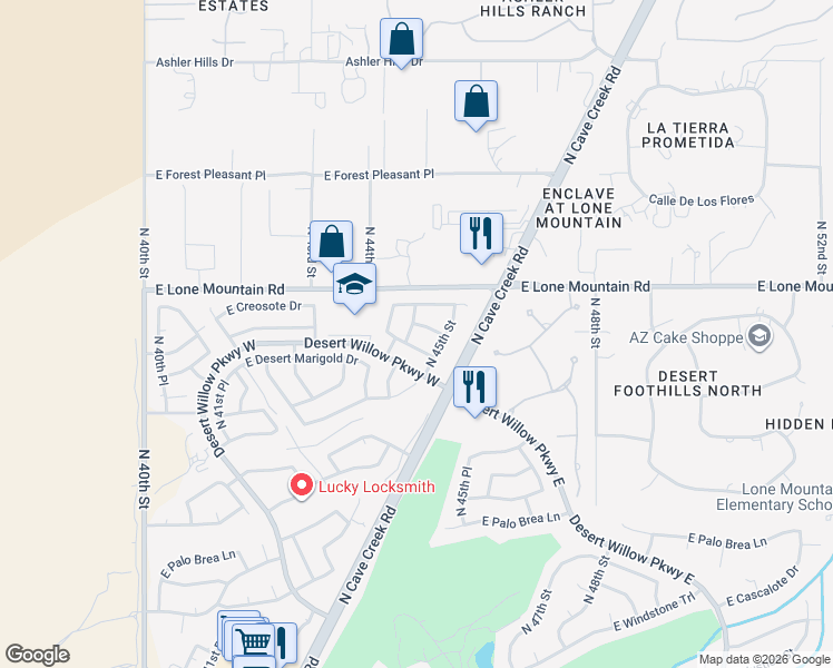 map of restaurants, bars, coffee shops, grocery stores, and more near 31057 North 44th Way in Cave Creek