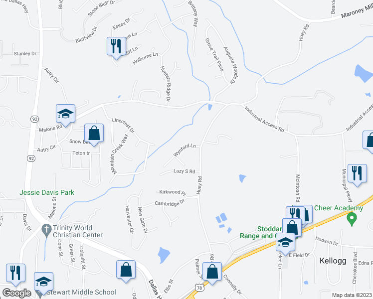 map of restaurants, bars, coffee shops, grocery stores, and more near 4885 Wynford Lane in Douglasville