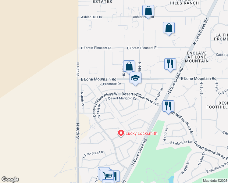 map of restaurants, bars, coffee shops, grocery stores, and more near 4244 East Desert Marigold Drive in Cave Creek
