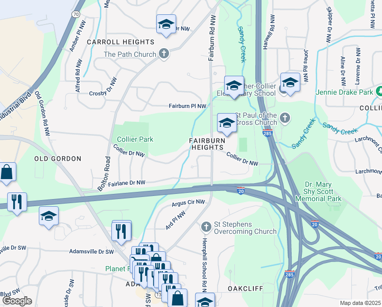 map of restaurants, bars, coffee shops, grocery stores, and more near 3522 Collier Drive Northwest in Atlanta