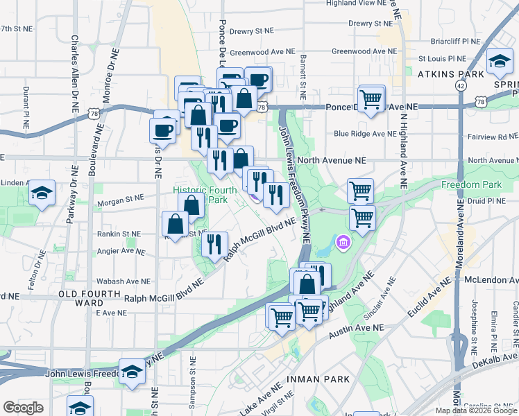 map of restaurants, bars, coffee shops, grocery stores, and more near 820 Ralph McGill Boulevard Northeast in Atlanta