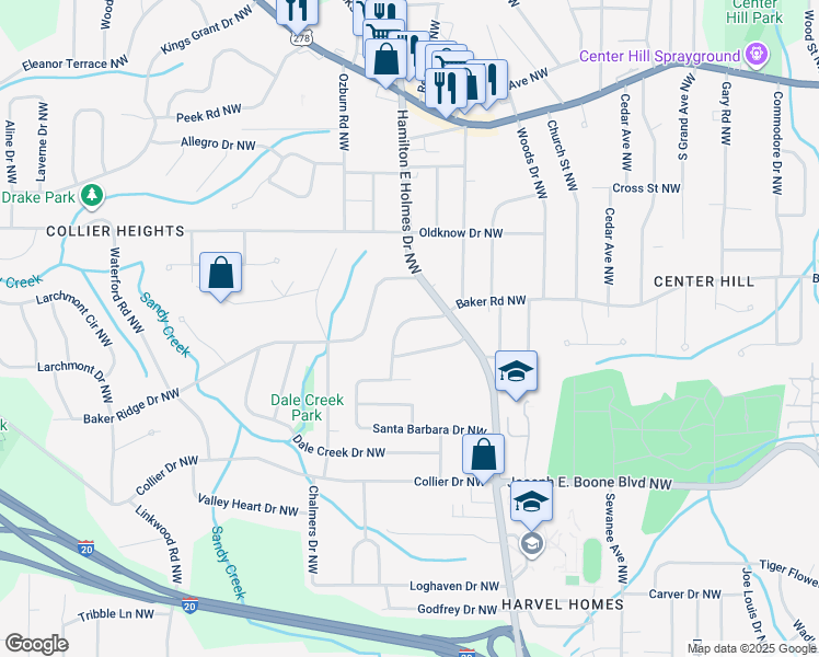map of restaurants, bars, coffee shops, grocery stores, and more near 2592 Baker Road Northwest in Atlanta
