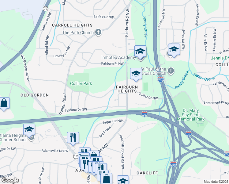 map of restaurants, bars, coffee shops, grocery stores, and more near 3522 Collier Drive Northwest in Atlanta