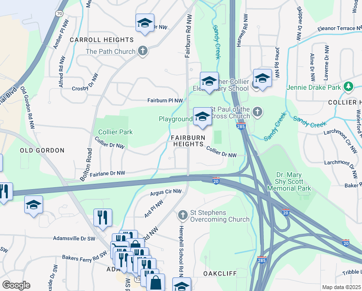 map of restaurants, bars, coffee shops, grocery stores, and more near 516 Fairlane Circle Northwest in Atlanta