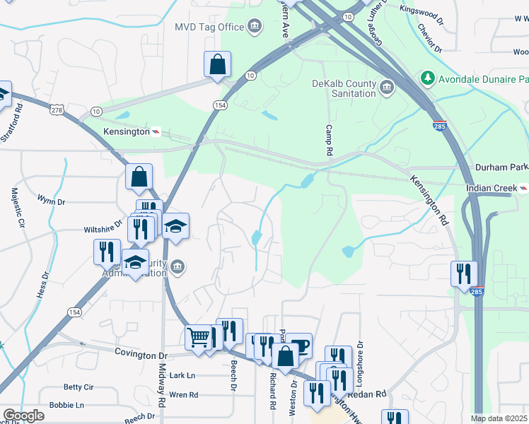 map of restaurants, bars, coffee shops, grocery stores, and more near 3602 East Clubhouse Circle in Decatur