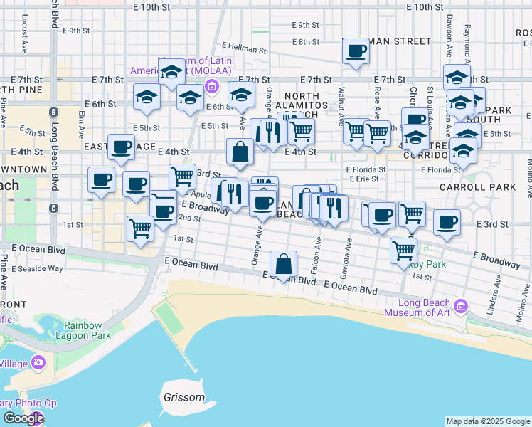 map of restaurants, bars, coffee shops, grocery stores, and more near 232 Orange Avenue in Long Beach