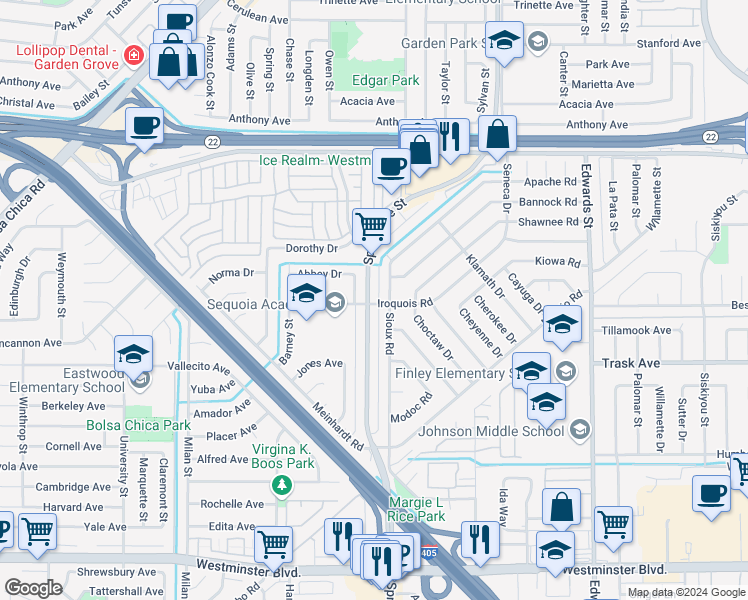map of restaurants, bars, coffee shops, grocery stores, and more near 13352 Springdale Street in Westminster