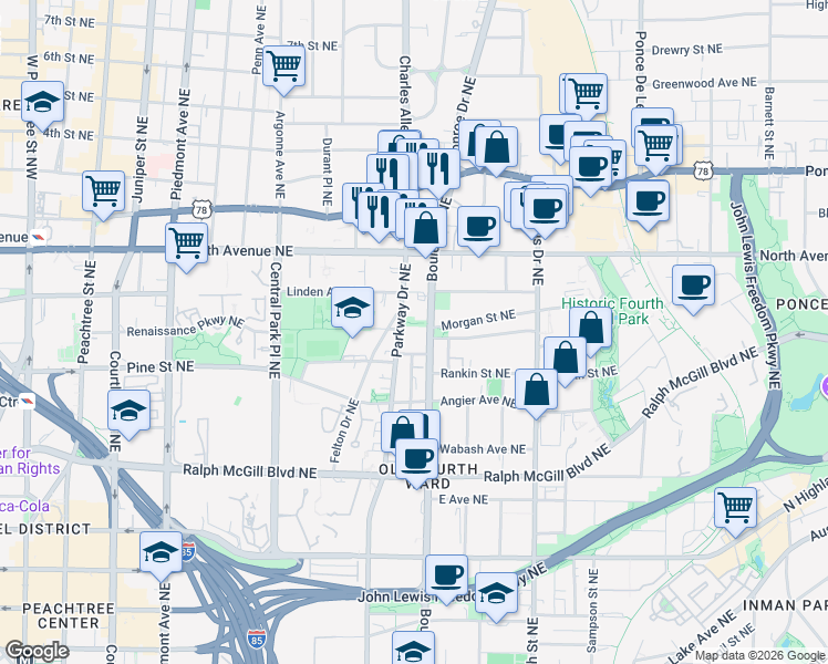 map of restaurants, bars, coffee shops, grocery stores, and more near in Atlanta