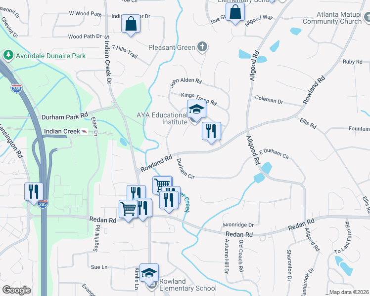 map of restaurants, bars, coffee shops, grocery stores, and more near 1164 Rowland Road in Stone Mountain