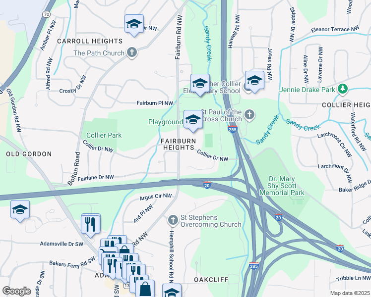 map of restaurants, bars, coffee shops, grocery stores, and more near 3412 Collier Drive Northwest in Atlanta