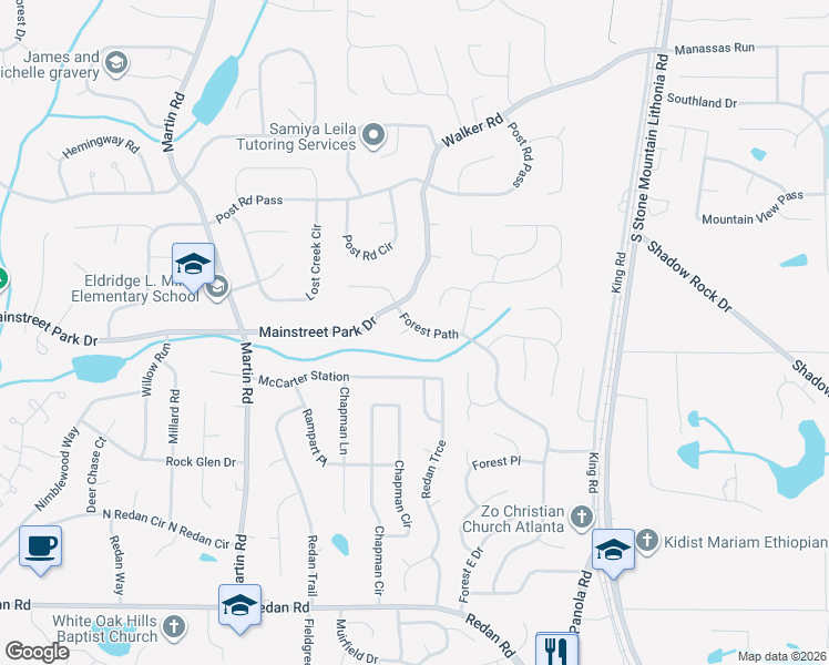map of restaurants, bars, coffee shops, grocery stores, and more near 5287 Fox Path in Stone Mountain