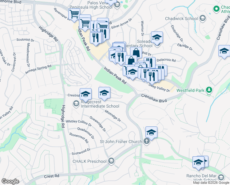 map of restaurants, bars, coffee shops, grocery stores, and more near 1008 Calle Stellare in Rancho Palos Verdes