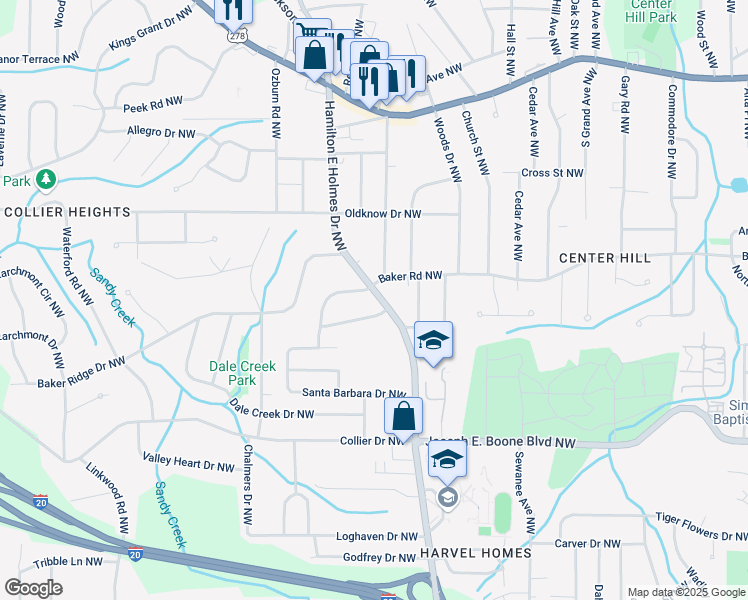 map of restaurants, bars, coffee shops, grocery stores, and more near 500 Hamilton E Holmes Drive Northwest in Atlanta