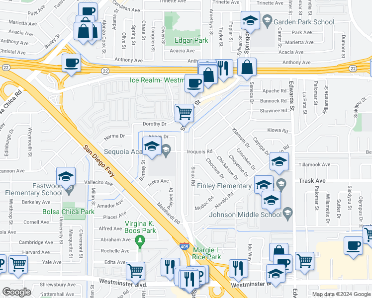 map of restaurants, bars, coffee shops, grocery stores, and more near 13352 Springdale Street in Westminster