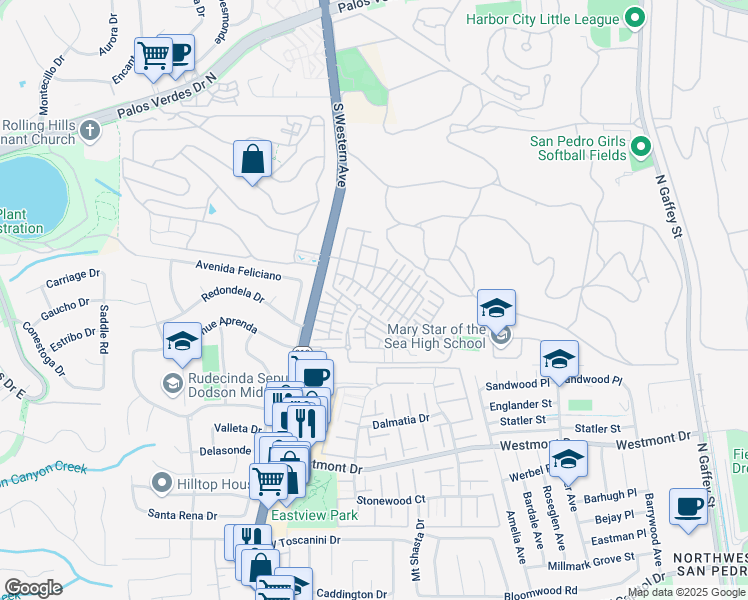 map of restaurants, bars, coffee shops, grocery stores, and more near 27723 Rosewood Lane in Los Angeles