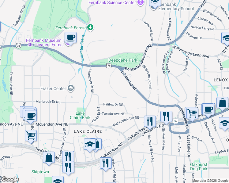 map of restaurants, bars, coffee shops, grocery stores, and more near 536 Ponce De Leon Manor Northeast in Atlanta