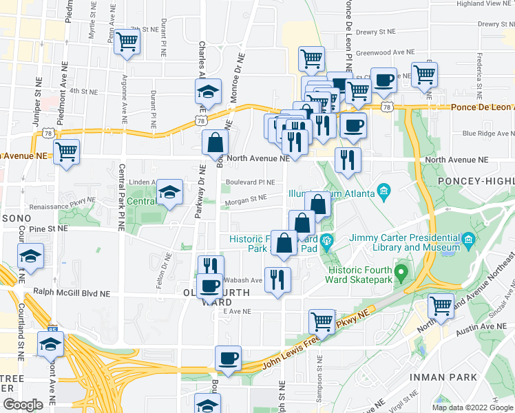 map of restaurants, bars, coffee shops, grocery stores, and more near 544 Winton Terrace Northeast in Atlanta