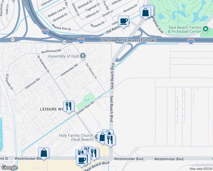 map of restaurants, bars, coffee shops, grocery stores, and more near 13360 Del Monte Drive in Seal Beach