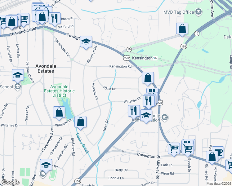 map of restaurants, bars, coffee shops, grocery stores, and more near 3239 Wynn Drive in Avondale Estates