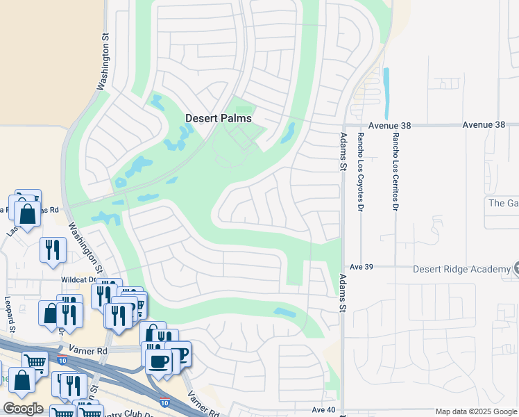 map of restaurants, bars, coffee shops, grocery stores, and more near 38562 Fallbrook Avenue in Palm Desert