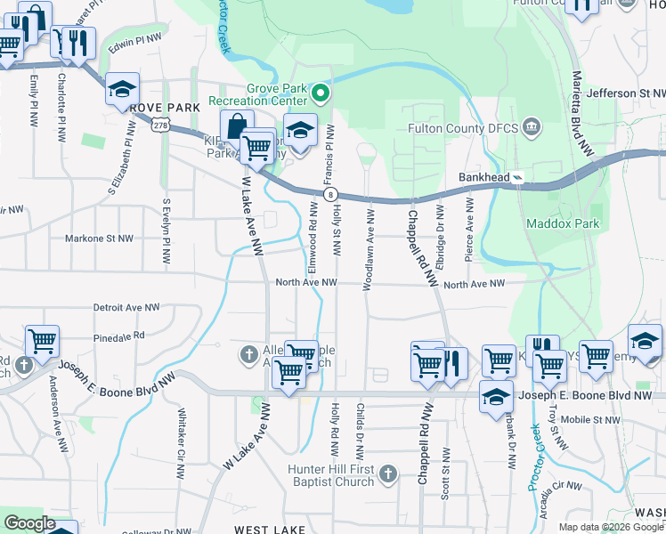map of restaurants, bars, coffee shops, grocery stores, and more near 492 Holly Street Northwest in Atlanta