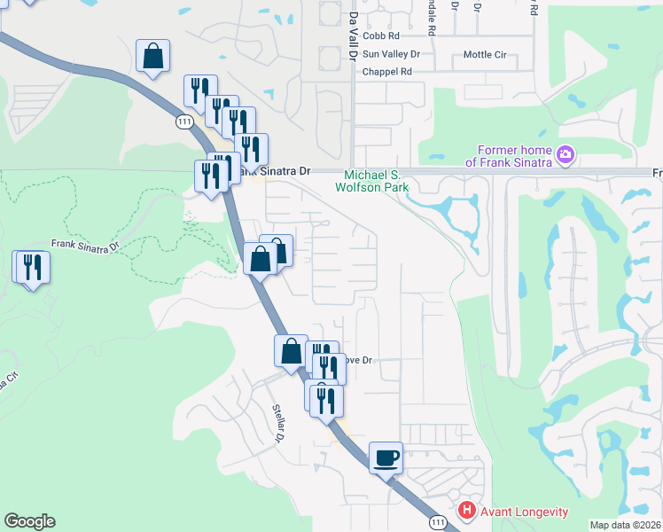 map of restaurants, bars, coffee shops, grocery stores, and more near 143 Lincoln Downs Street in Rancho Mirage