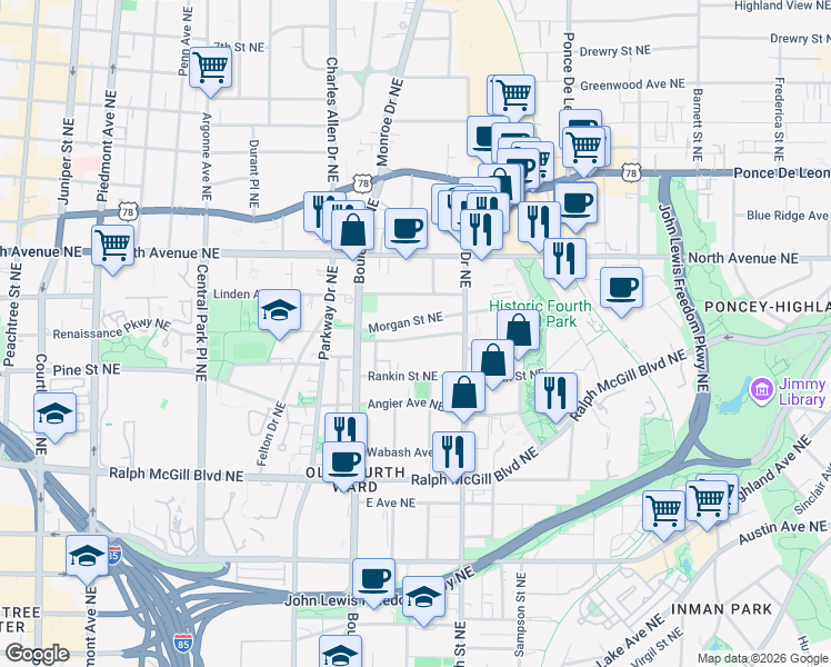 map of restaurants, bars, coffee shops, grocery stores, and more near 538 Winton Terrace Northeast in Atlanta