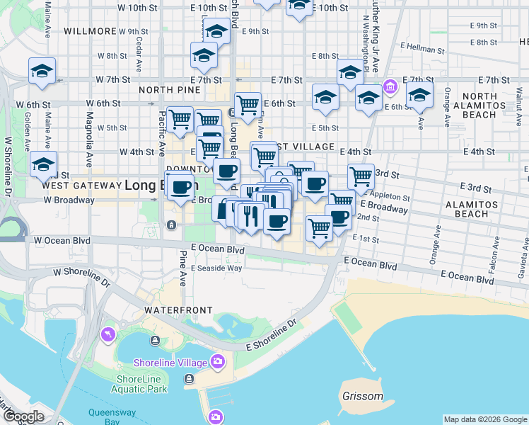map of restaurants, bars, coffee shops, grocery stores, and more near 355 East 1st Street in Long Beach