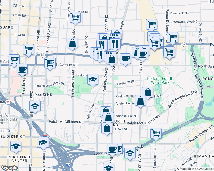 map of restaurants, bars, coffee shops, grocery stores, and more near 525 Parkway Drive Northeast in Atlanta