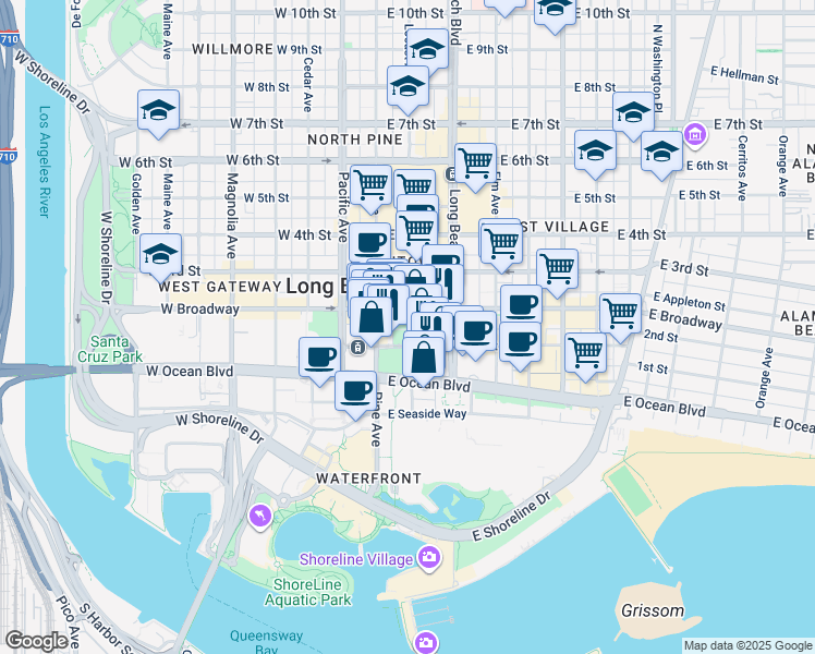 map of restaurants, bars, coffee shops, grocery stores, and more near 133 The Promenade North in Long Beach