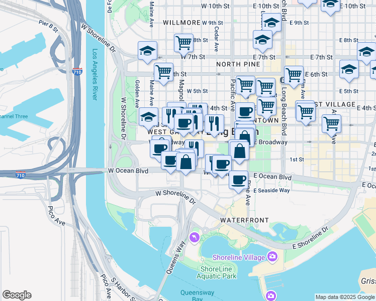 map of restaurants, bars, coffee shops, grocery stores, and more near 100 Magnolia Avenue in Long Beach