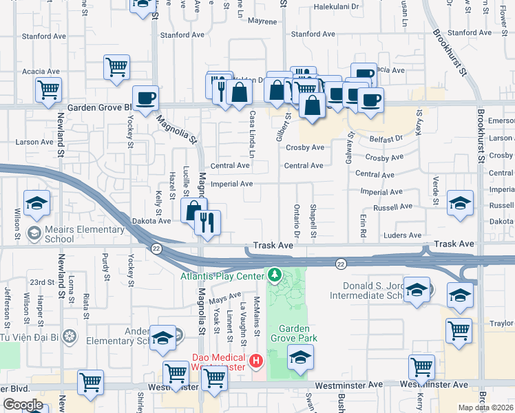 map of restaurants, bars, coffee shops, grocery stores, and more near 13401 Mickey Street in Garden Grove